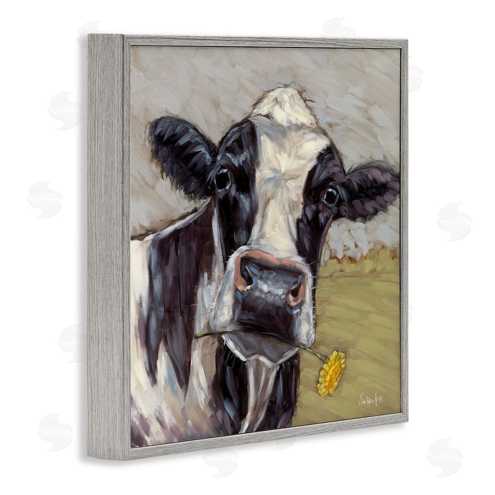 Sara G. Designs Cow with Yellow Daisy Gray Framed Glicee Wall Art Print