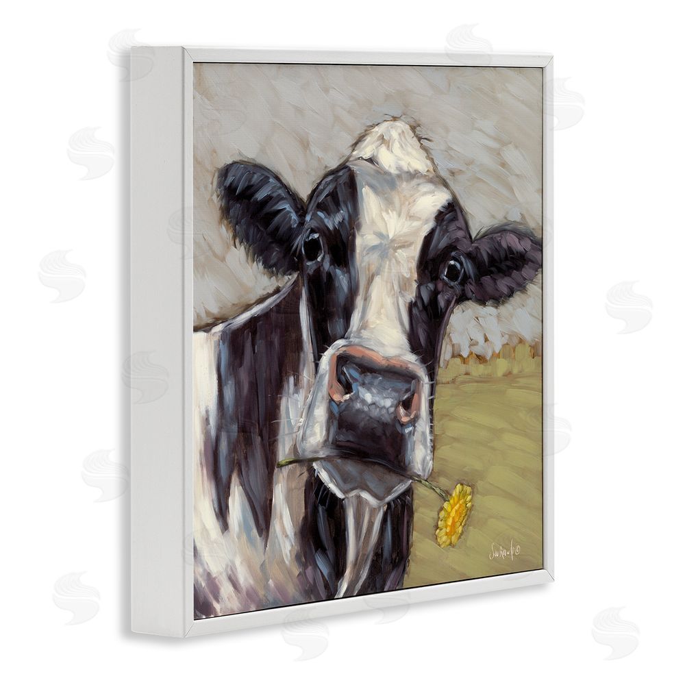 Sara G. Designs Cow with Yellow Daisy White Framed Glicee Wall Art Print