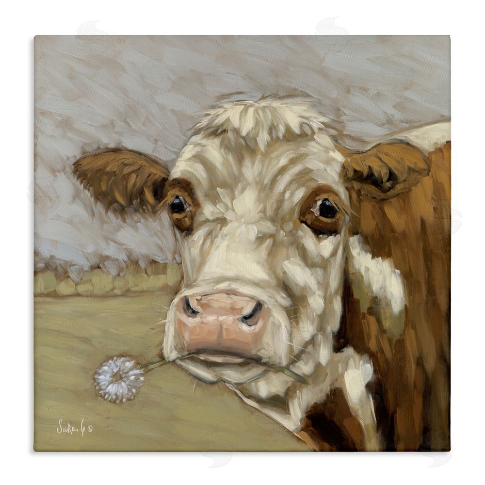 Sara G. Designs Cattle with Dandelion Sprig Stretched Canvas Wall Art Print