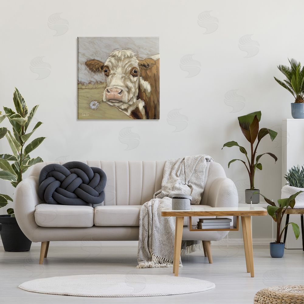 Sara G. Designs Cattle with Dandelion Sprig Canvas Wall Art in Room