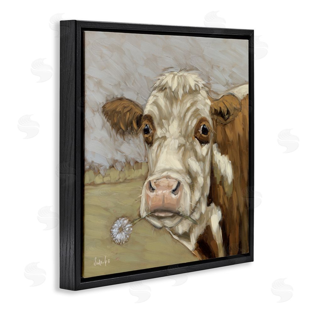 Sara G. Designs Cattle with Dandelion Sprig Black Floating Frame Canvas Wall Art Print