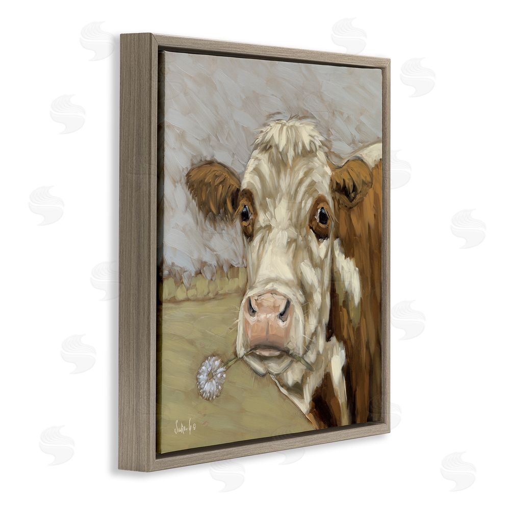 Sara G. Designs Cattle with Dandelion Sprig Brown Floating Frame Canvas Wall Art Print