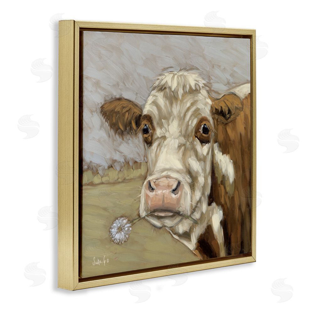 Sara G. Designs Cattle with Dandelion Sprig Gold Floating Frame Canvas Wall Art Print
