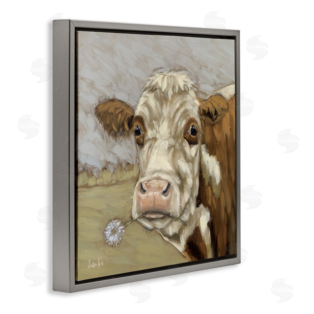 Sara G. Designs Cattle with Dandelion Sprig Gray Floating Frame Canvas Wall Art Print