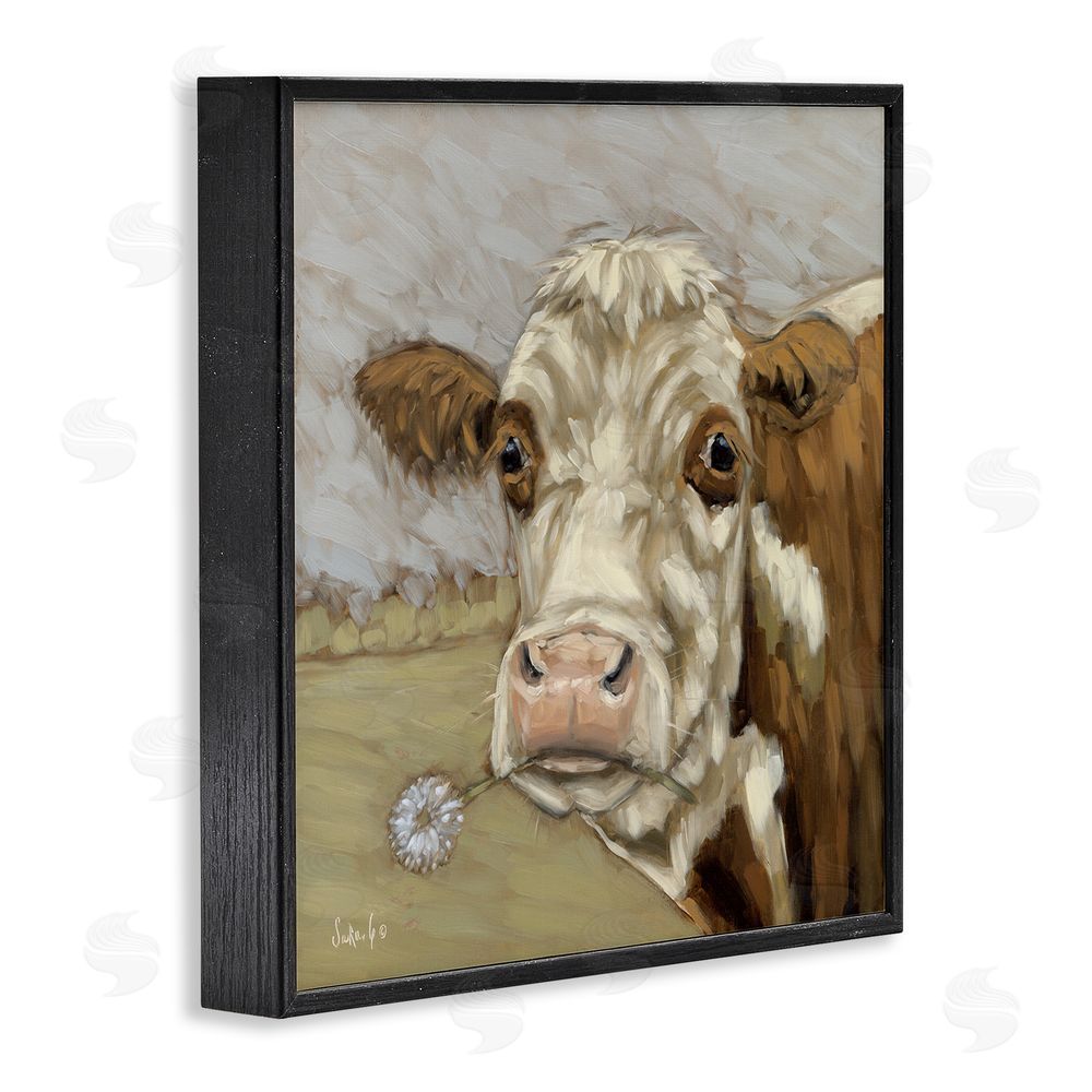 Sara G. Designs Cattle with Dandelion Sprig Black Framed Glicee Wall Art Print