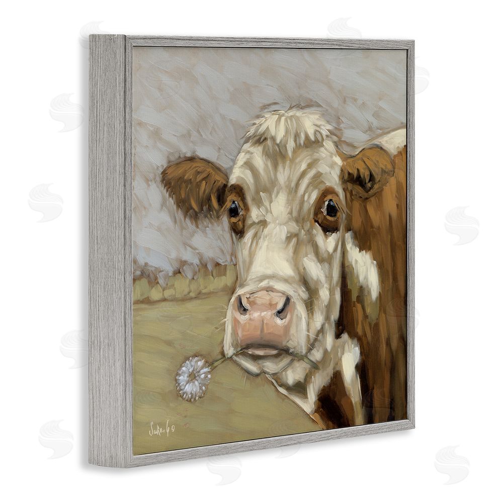 Sara G. Designs Cattle with Dandelion Sprig Gray Framed Glicee Wall Art Print