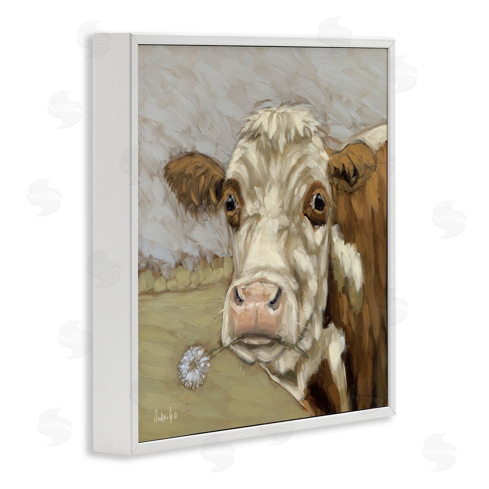Sara G. Designs Cattle with Dandelion Sprig White Framed Glicee Wall Art Print