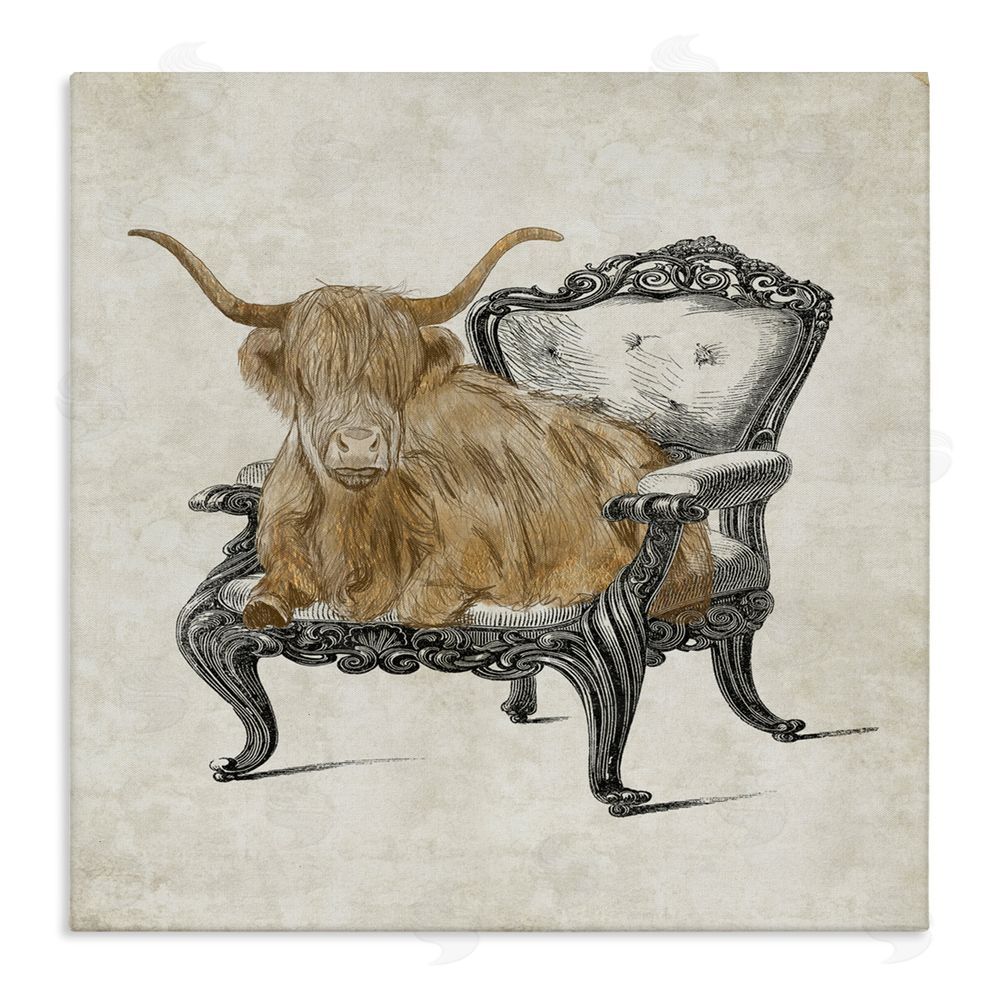 Elizabeth Medley Longhorn & Vintage Armchair Stretched Canvas Wall Art Print