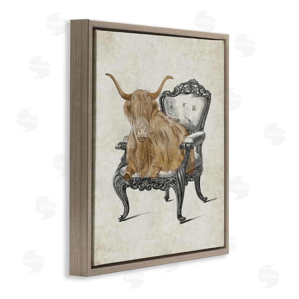 Elizabeth Medley Longhorn & Vintage Armchair Brown Floating Frame Canvas Wall Art Print