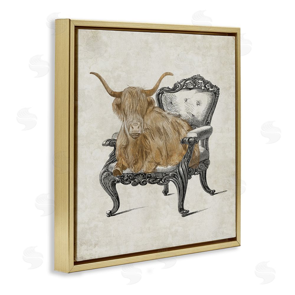 Elizabeth Medley Longhorn & Vintage Armchair Gold Floating Frame Canvas Wall Art Print