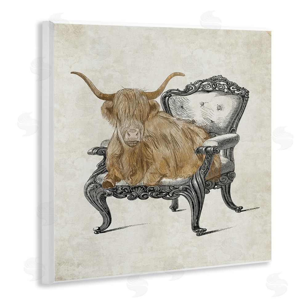Elizabeth Medley Longhorn & Vintage Armchair Wooden Wall Plaque Art Print