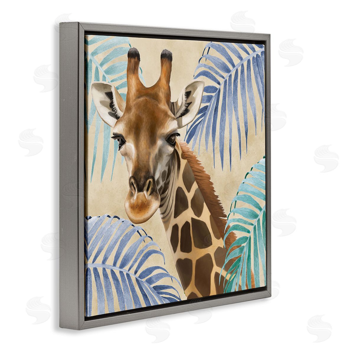 Lucca Sheppard Giraffe & Tropical Palms Gray Floating Frame Canvas Wall Art Print