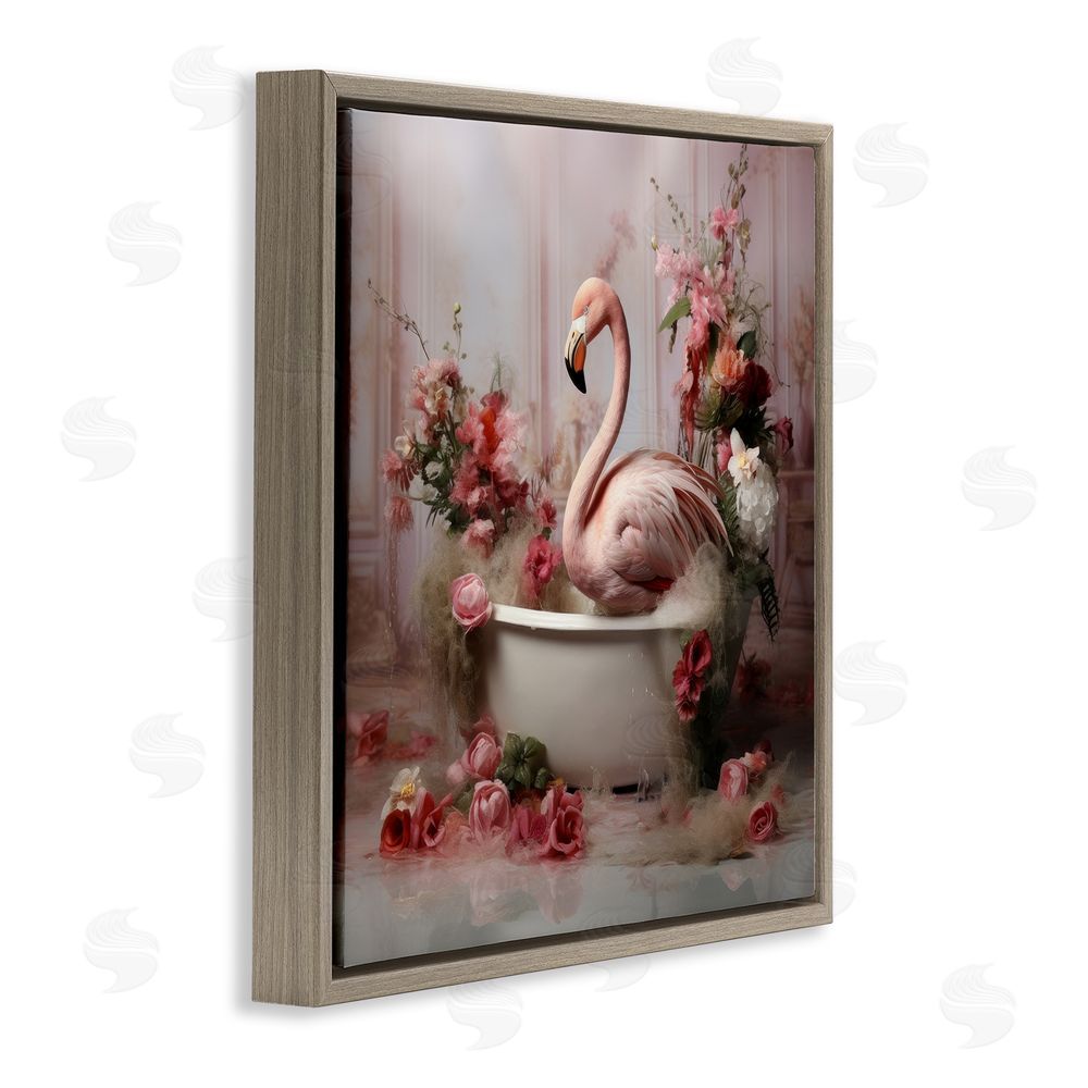 Lazar Studio Flamingo in Stately Bathroom Brown Floating Frame Canvas Wall Art Print