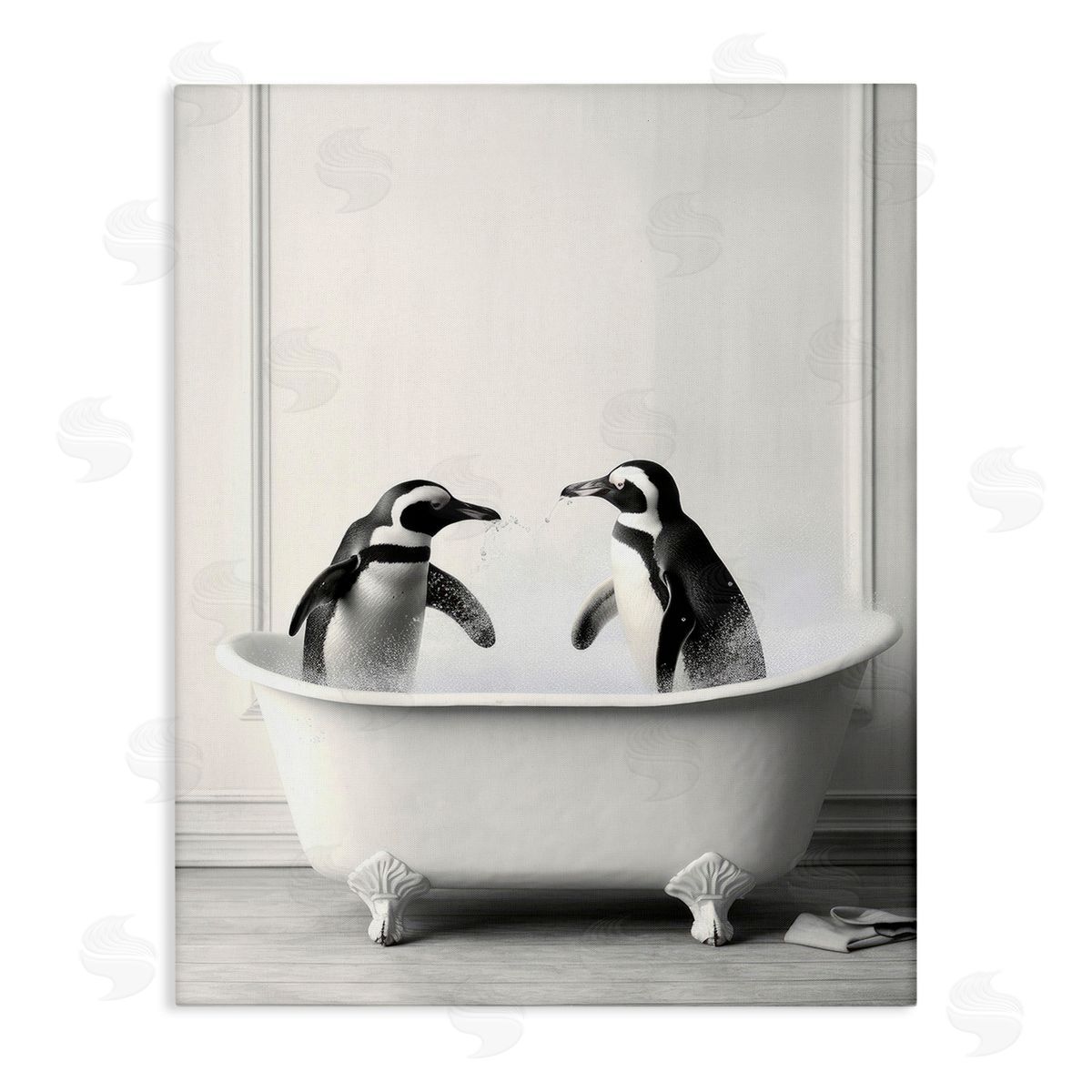 Penguin Duo in Bath Canvas Wall Art, Home Decor by Lazar Studio