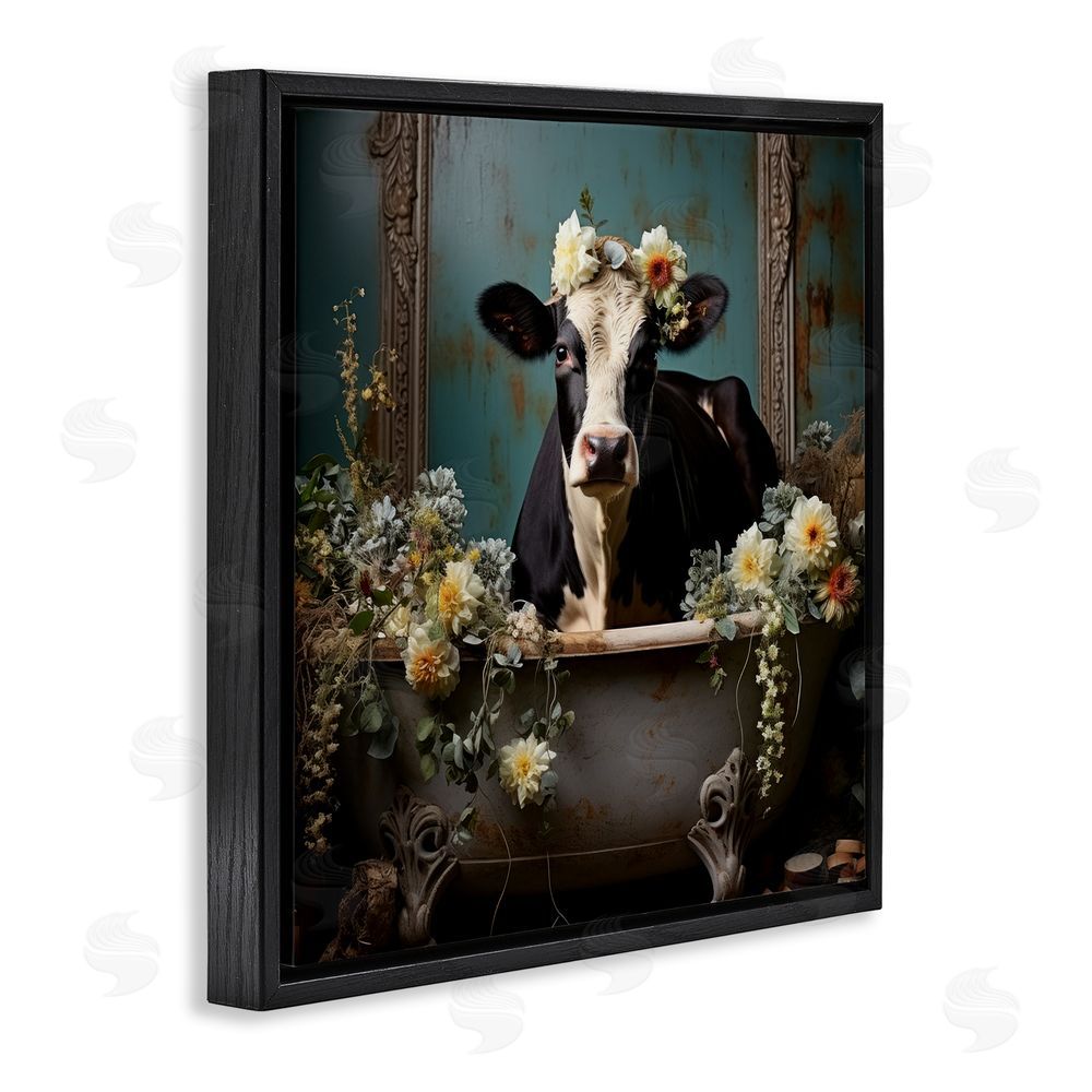 Lazar Studio Vintage Cow in Bathtub Black Floating Frame Canvas Wall Art Print