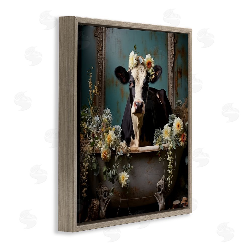 Lazar Studio Vintage Cow in Bathtub Brown Floating Frame Canvas Wall Art Print