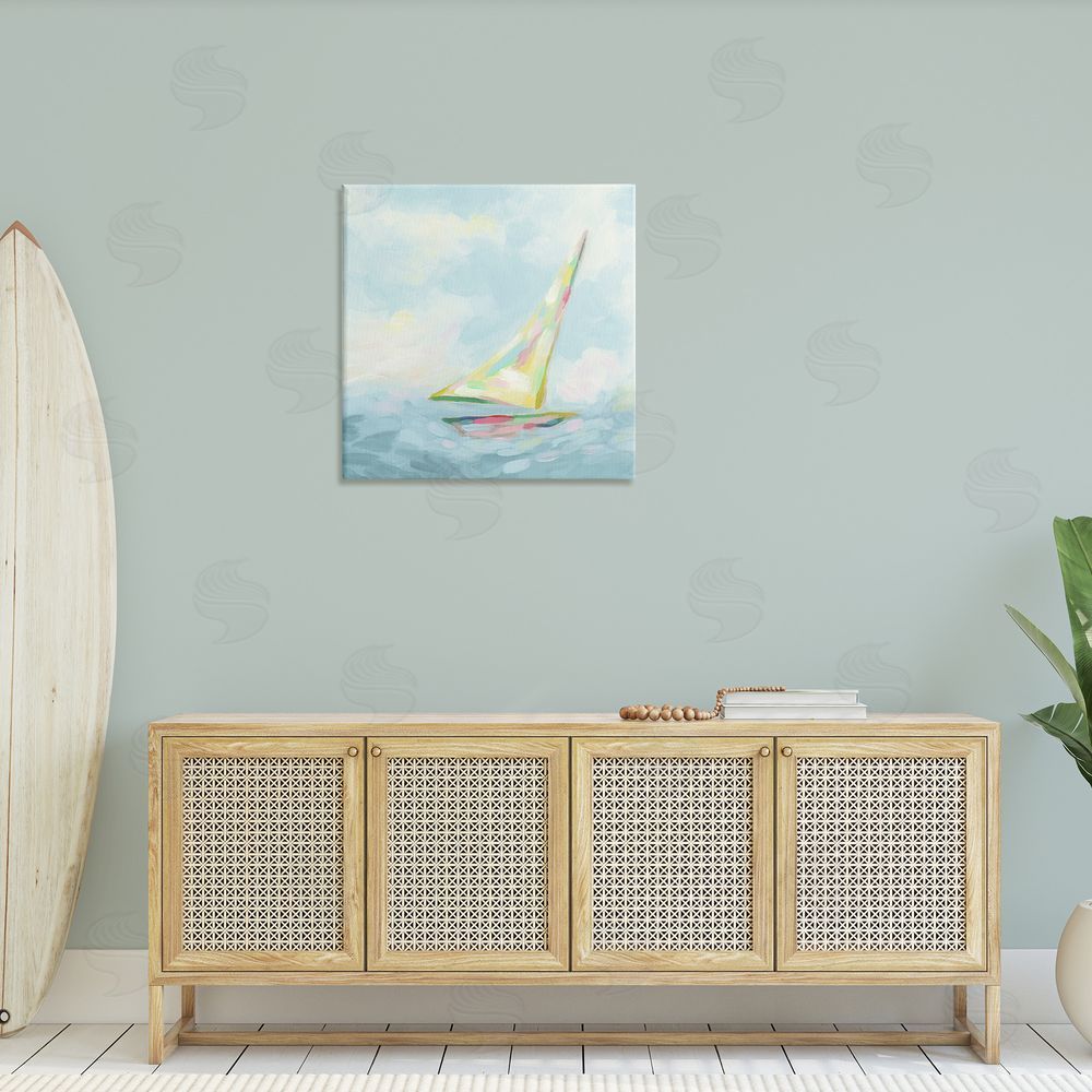 June Erica Vess Modern Pastel Sailboat Canvas Wall Art in Room