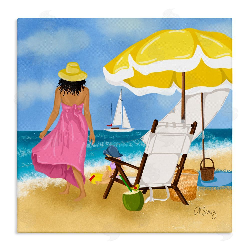 Ale Saiz Studio Woman Strolling Beach Stretched Canvas Wall Art Print