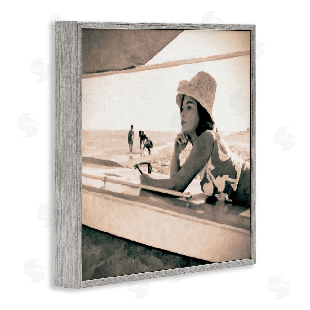 Graffitee Studios Vintage Woman Sunbathing Gray Framed Glicee Wall Art Print