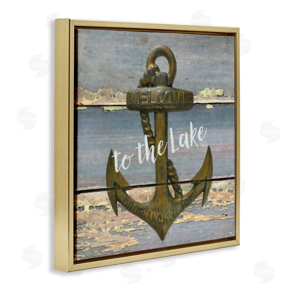 Graffitee Studios Rustic Welcome Anchor Gold Floating Frame Canvas Wall Art Print