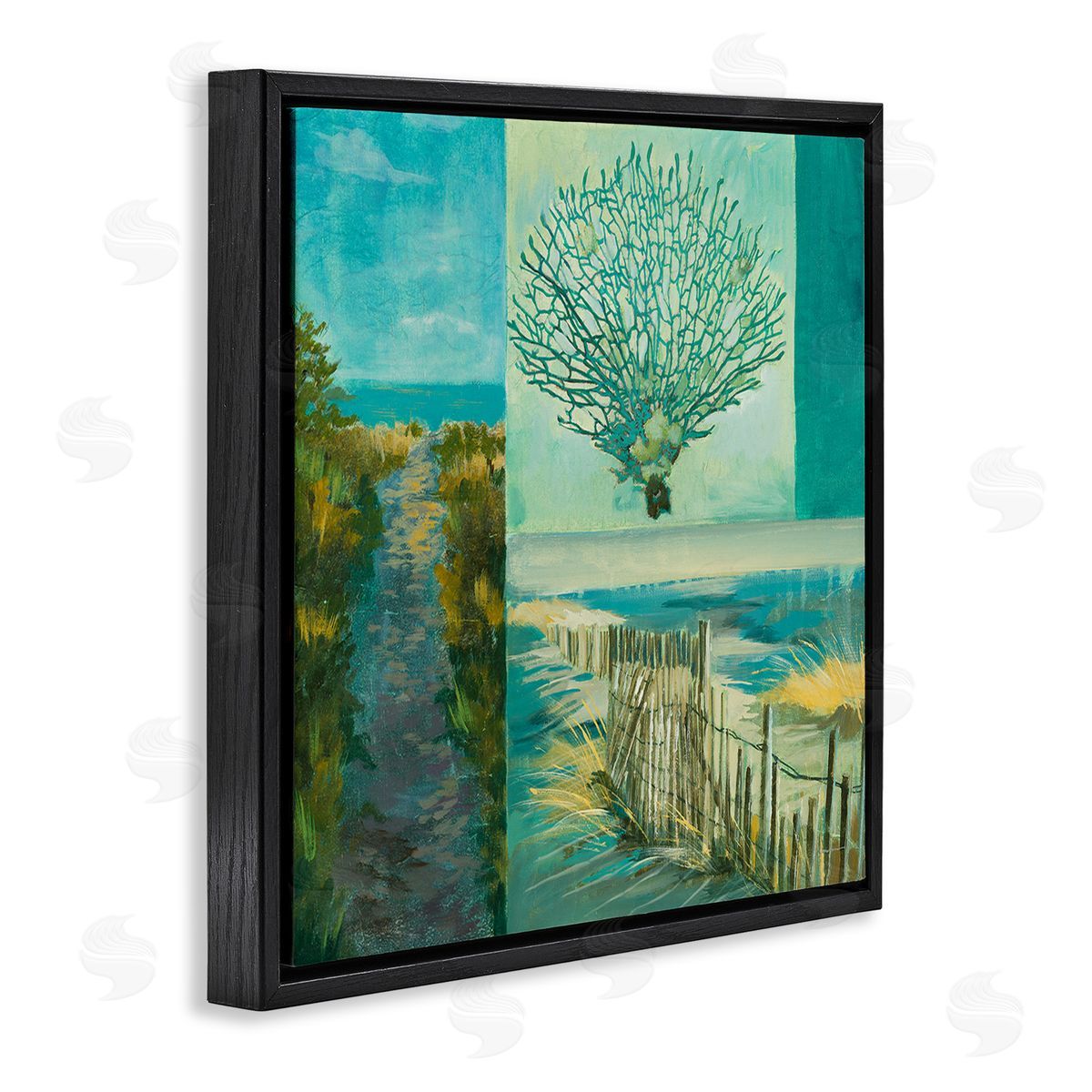Liz Jardine Modern Beach Coral Collage Black Floating Frame Canvas Wall Art Print