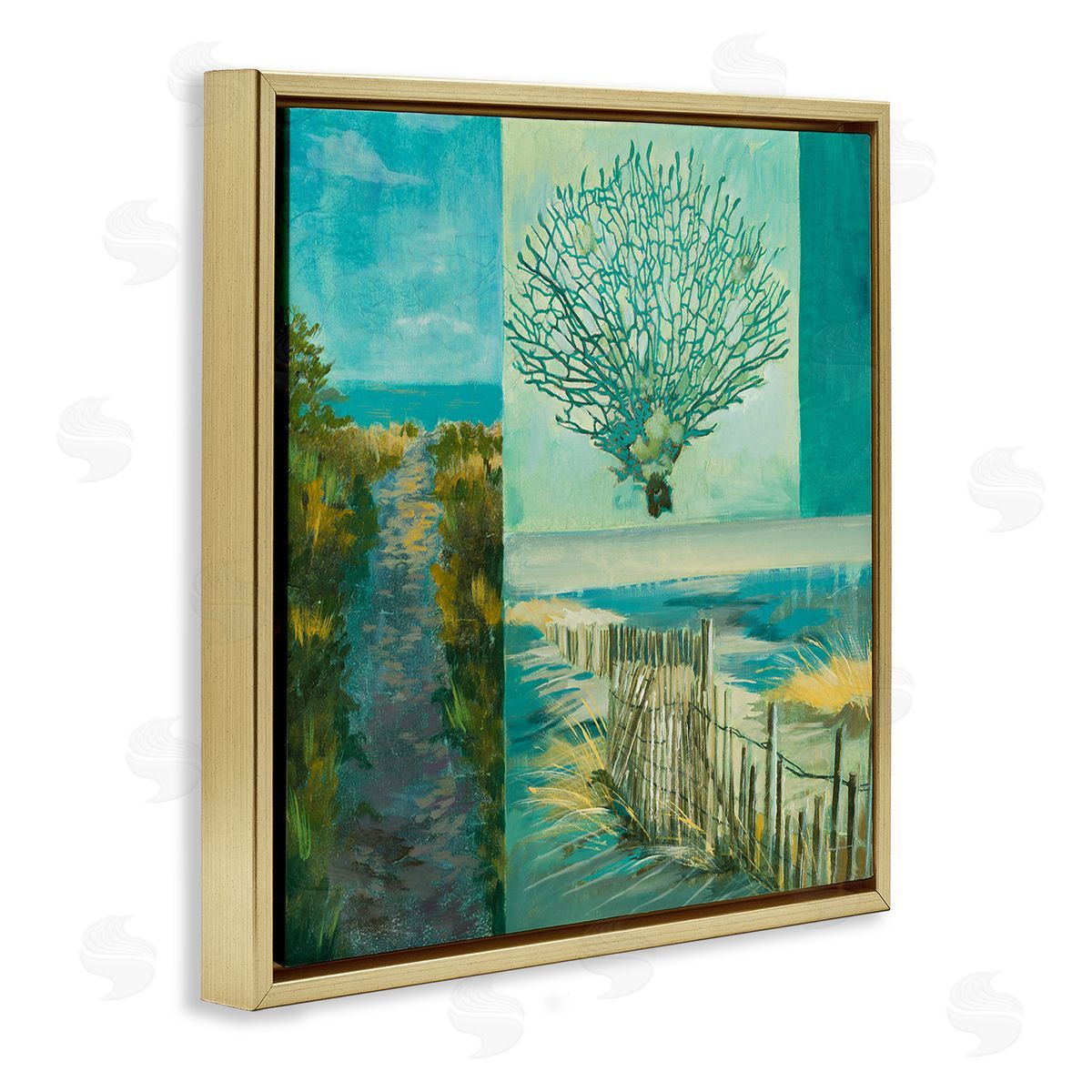 Liz Jardine Modern Beach Coral Collage Gold Floating Frame Canvas Wall Art Print