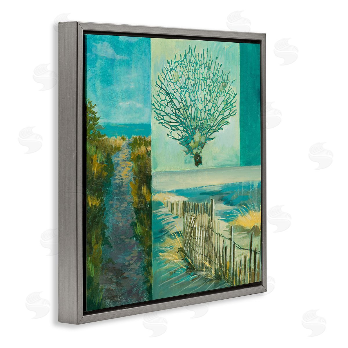 Liz Jardine Modern Beach Coral Collage Gray Floating Frame Canvas Wall Art Print