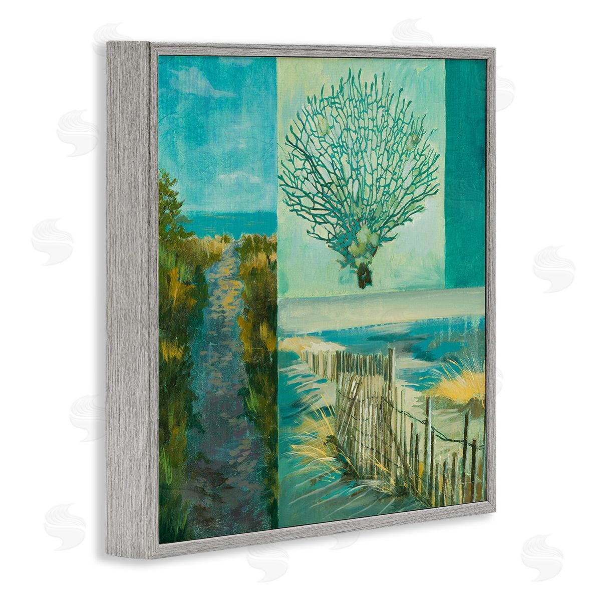 Liz Jardine Modern Beach Coral Collage Gray Framed Glicee Wall Art Print
