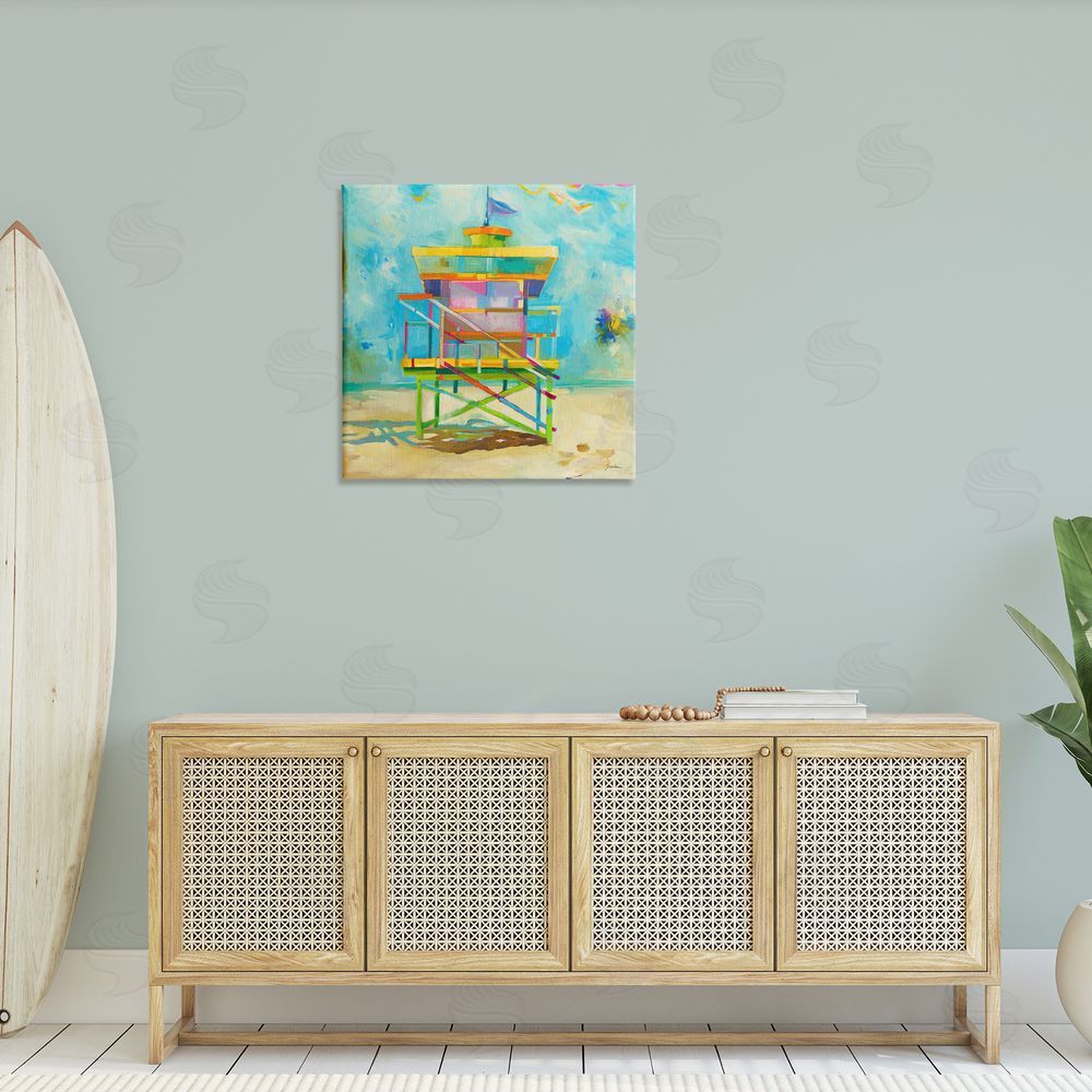 Liz Jardine Modern Lifeguard Hut Canvas Wall Art in Room