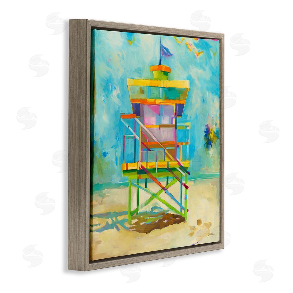 Liz Jardine Modern Lifeguard Hut Brown Floating Frame Canvas Wall Art Print