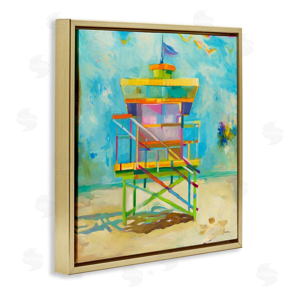 Liz Jardine Modern Lifeguard Hut Gold Floating Frame Canvas Wall Art Print