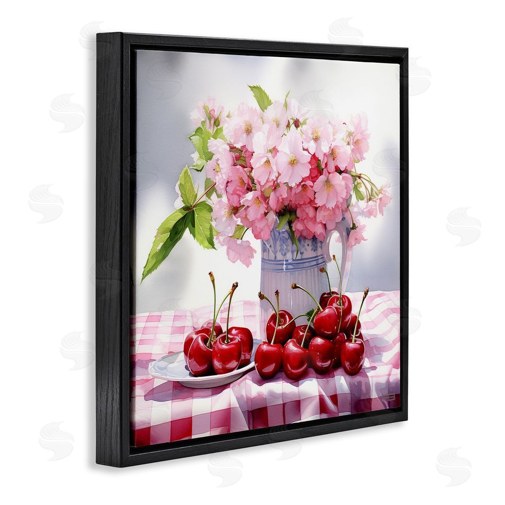 RB Cherries & Blossoms Bouquet Black Floating Frame Canvas Wall Art Print