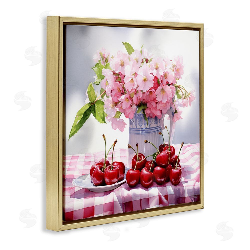 RB Cherries & Blossoms Bouquet Gold Floating Frame Canvas Wall Art Print