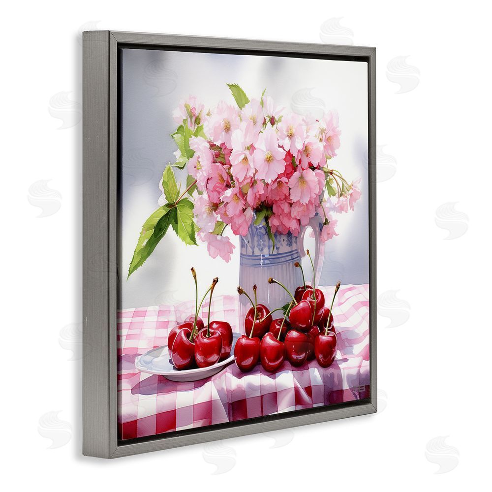 RB Cherries & Blossoms Bouquet Gray Floating Frame Canvas Wall Art Print