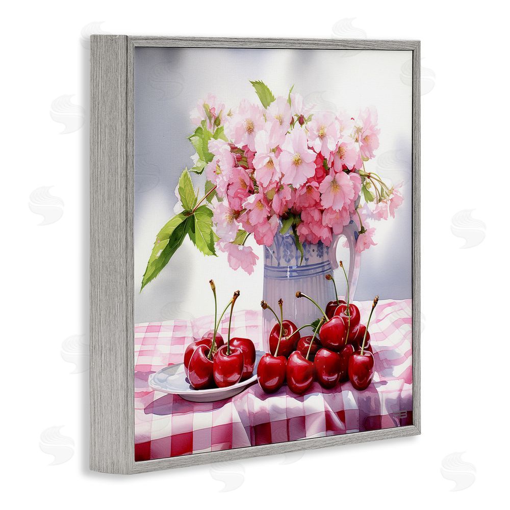 RB Cherries & Blossoms Bouquet Gray Framed Glicee Wall Art Print
