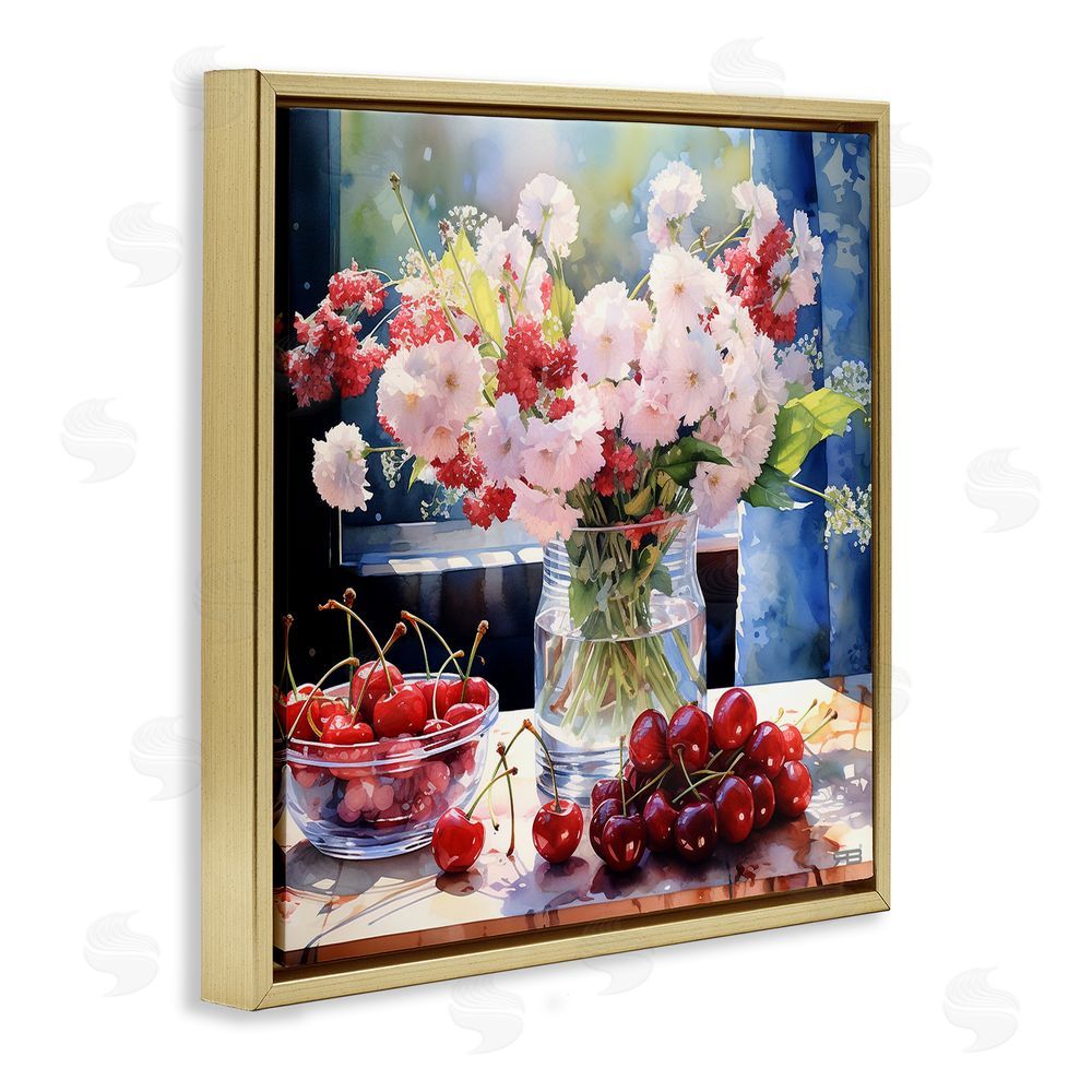 RB Summer Blossoms & Cherries Gold Floating Frame Canvas Wall Art Print