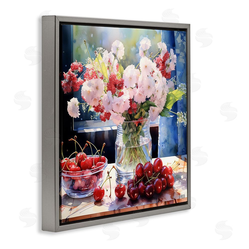 RB Summer Blossoms & Cherries Gray Floating Frame Canvas Wall Art Print
