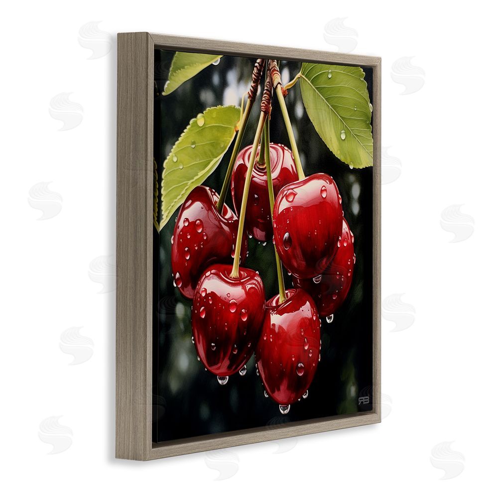 RB Cherries with Water Droplets Brown Floating Frame Canvas Wall Art Print
