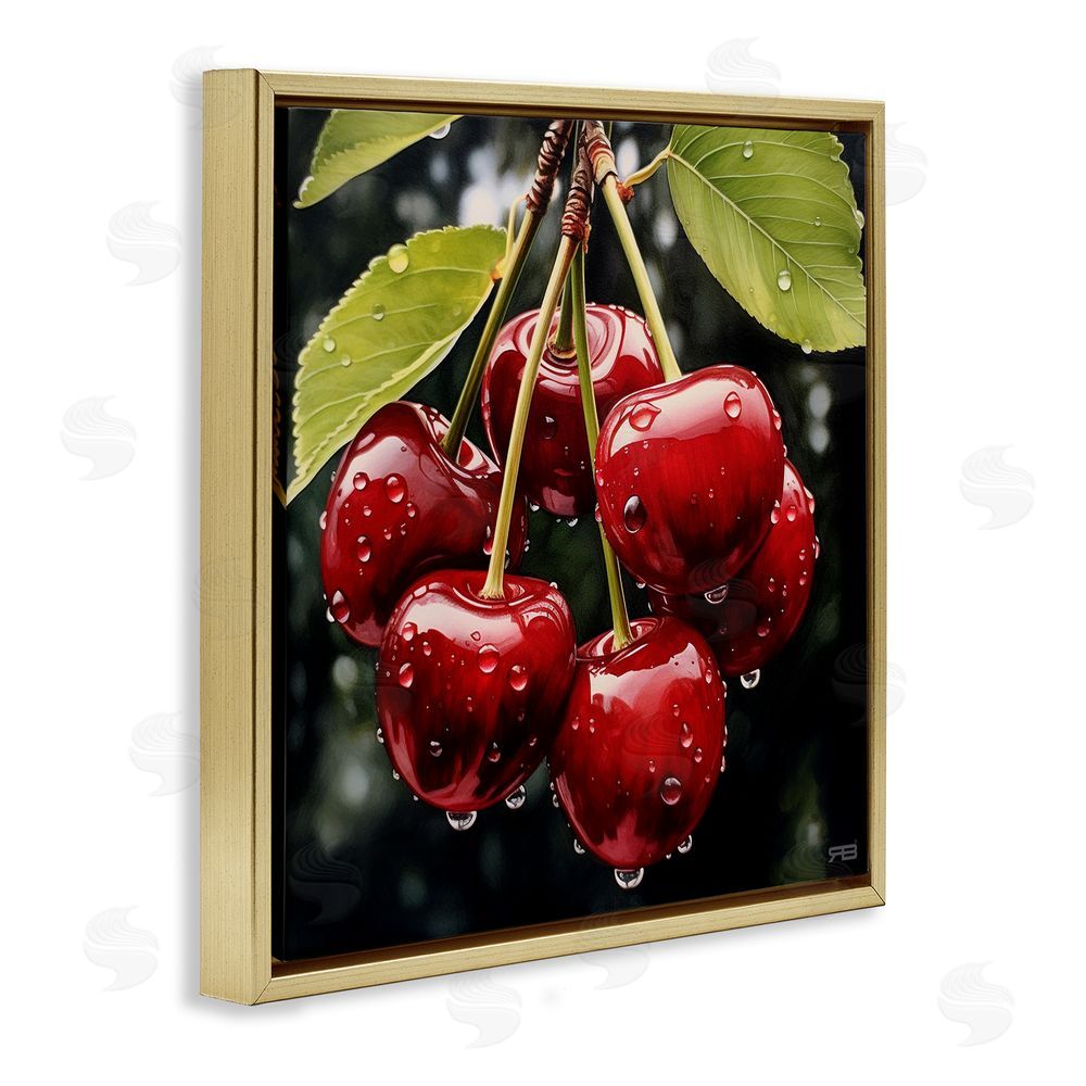 RB Cherries with Water Droplets Gold Floating Frame Canvas Wall Art Print