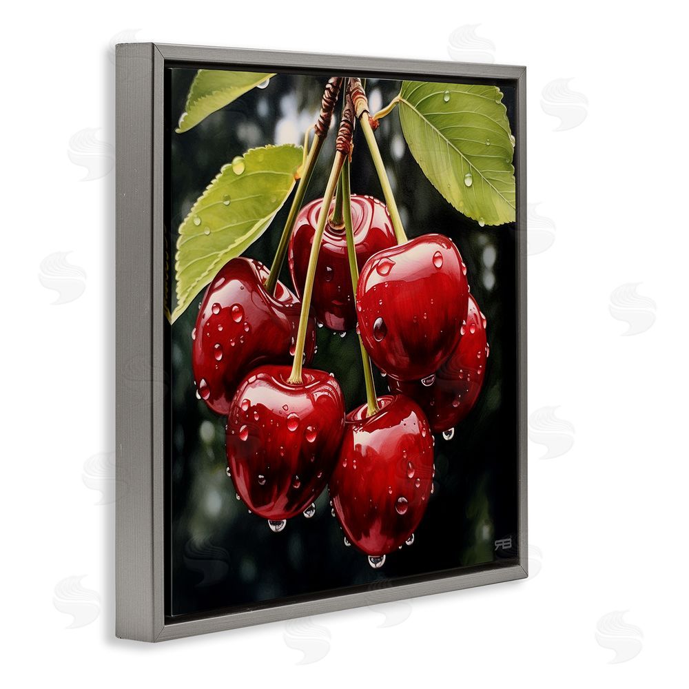 RB Cherries with Water Droplets Gray Floating Frame Canvas Wall Art Print