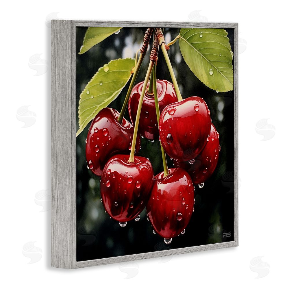 RB Cherries with Water Droplets Gray Framed Glicee Wall Art Print