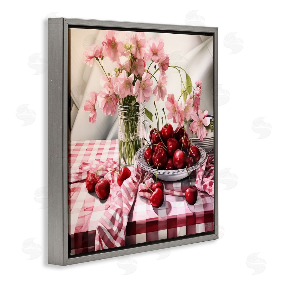RB Summer Cherries & Florals Gray Floating Frame Canvas Wall Art Print