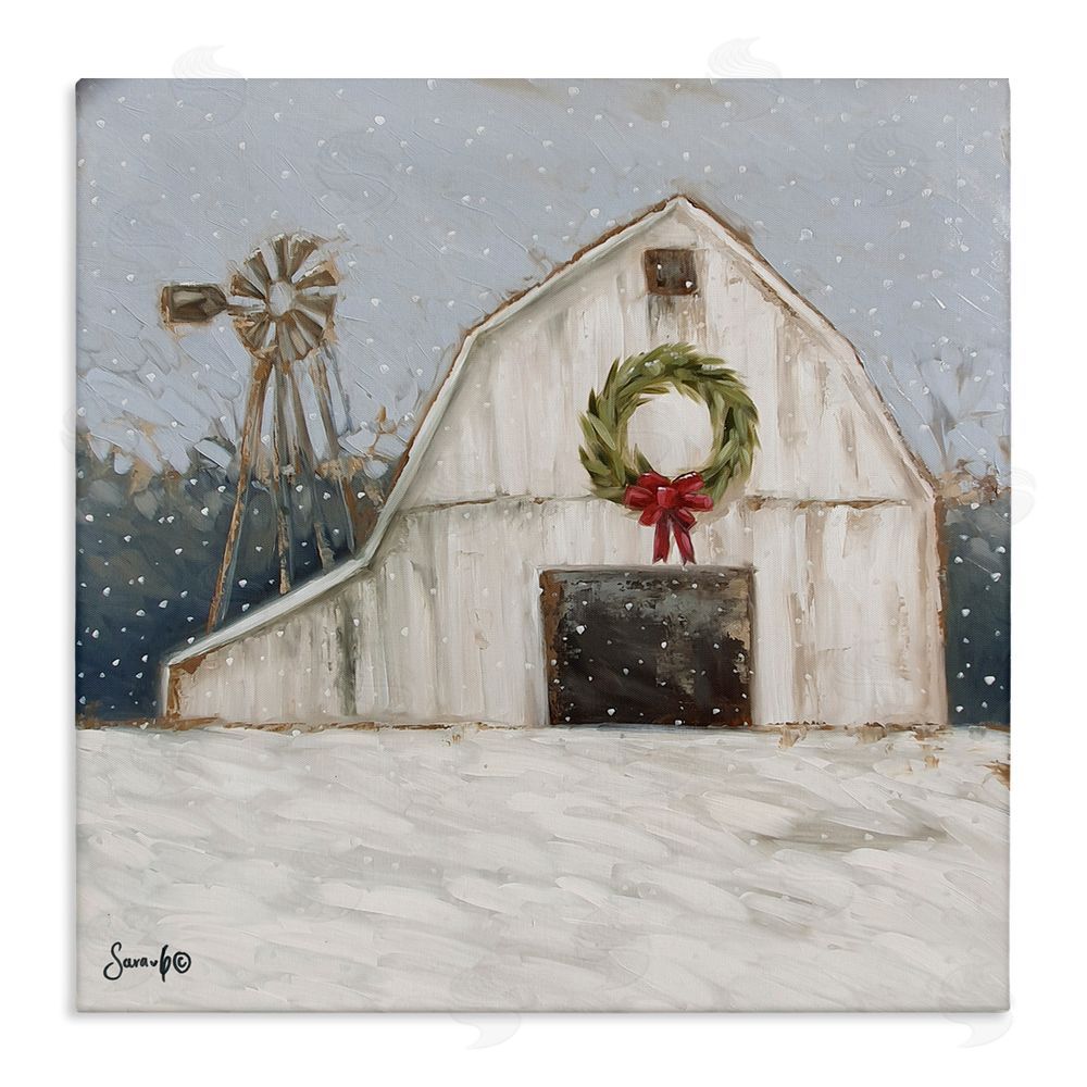 Sara G. Designs Winter Barn with Snowflakes Stretched Canvas Wall Art Print