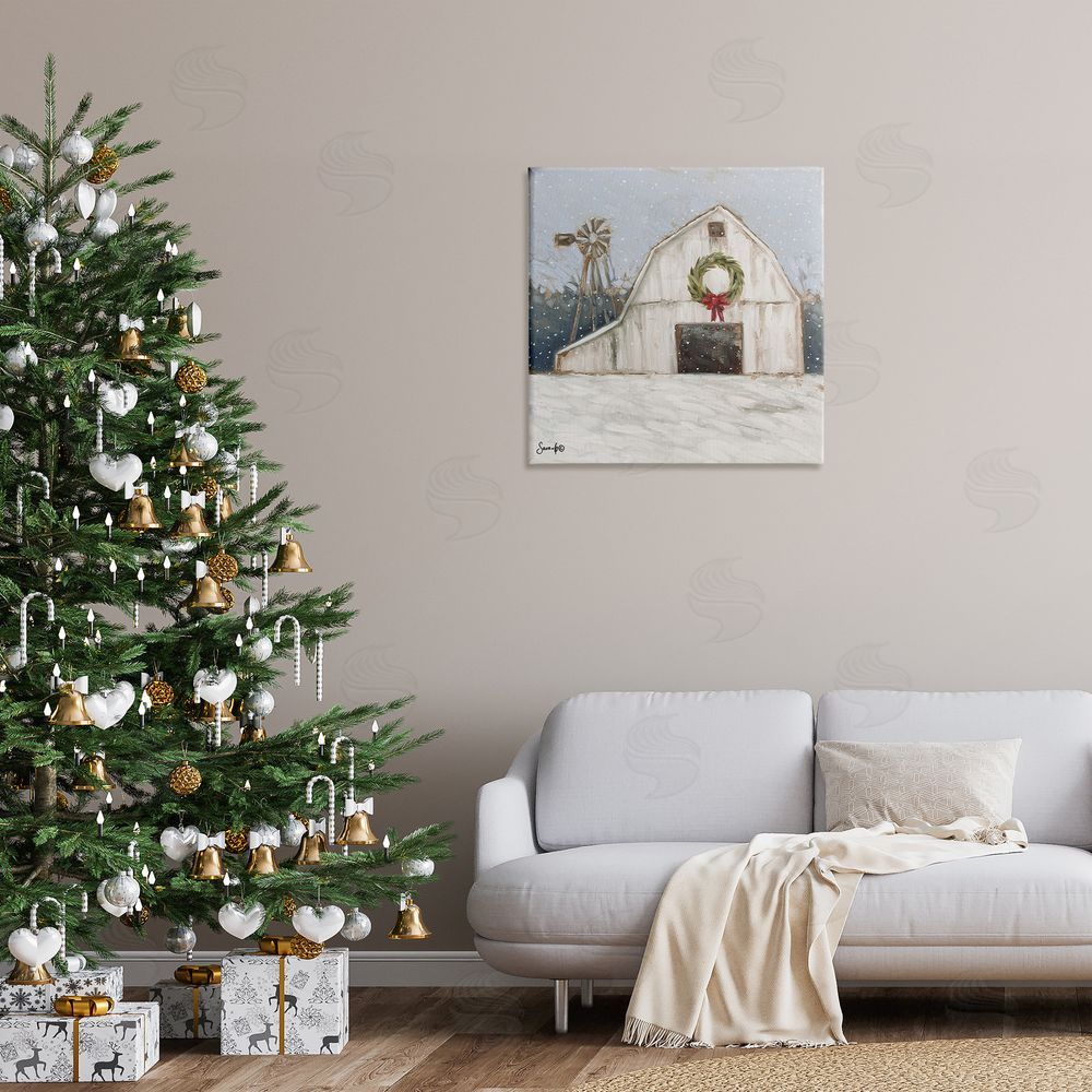 Sara G. Designs Winter Barn with Snowflakes Canvas Wall Art in Room
