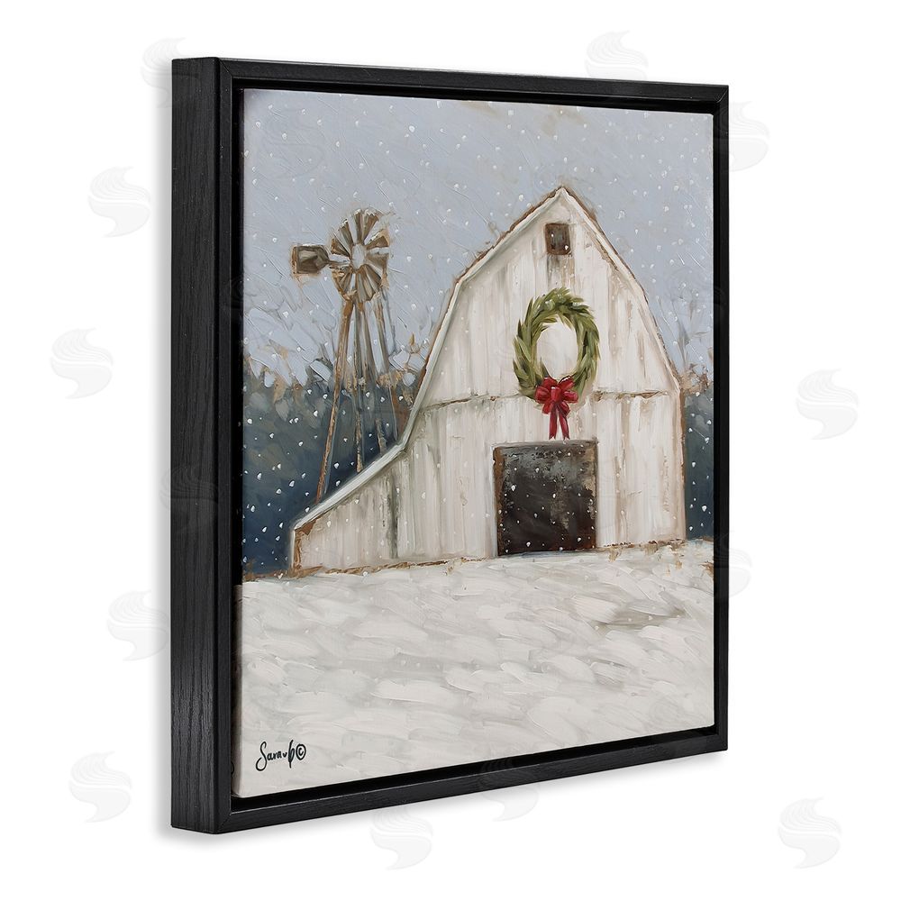 Sara G. Designs Winter Barn with Snowflakes Black Floating Frame Canvas Wall Art Print