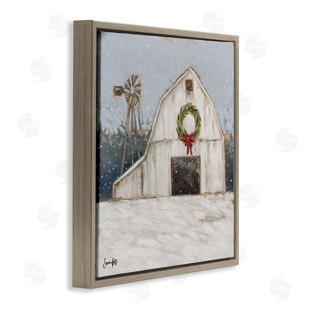Sara G. Designs Winter Barn with Snowflakes Brown Floating Frame Canvas Wall Art Print