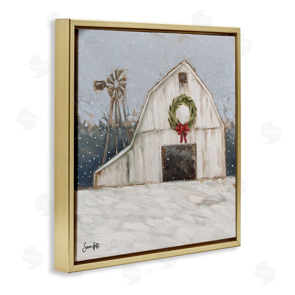 Sara G. Designs Winter Barn with Snowflakes Gold Floating Frame Canvas Wall Art Print