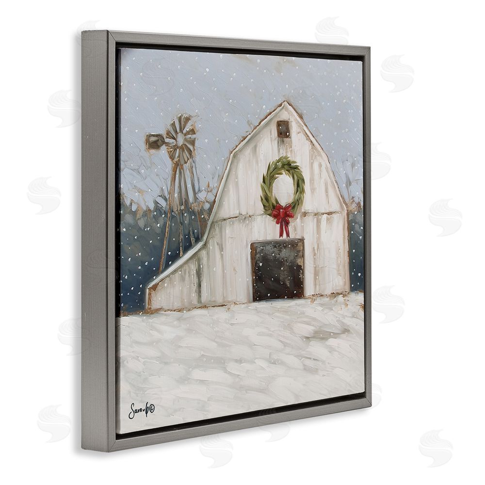 Sara G. Designs Winter Barn with Snowflakes Gray Floating Frame Canvas Wall Art Print