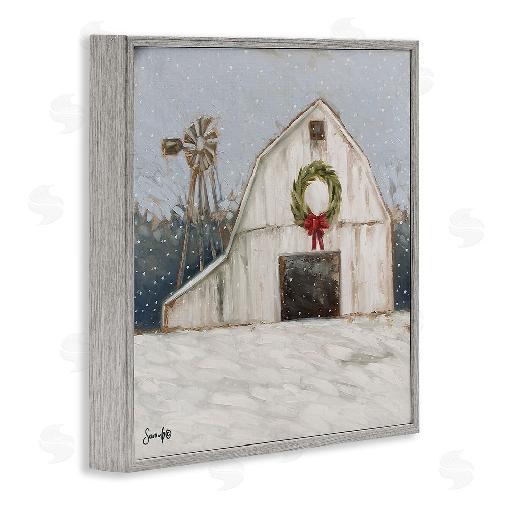 Sara G. Designs Winter Barn with Snowflakes Gray Framed Glicee Wall Art Print