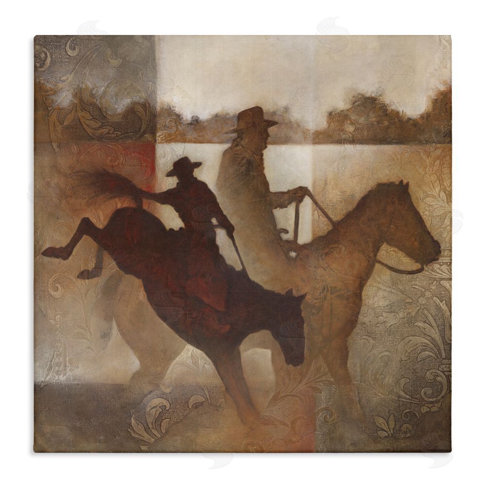 White Ladder Rustic Cowboy Silhouettes Stretched Canvas Wall Art Print